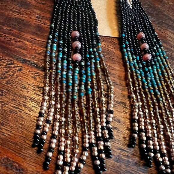 Beaded Fringe Earrings With Black Gold & Teal Glass Beads - Picture 3 of 6